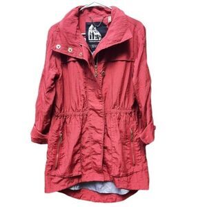 G.E.T. Red Jacket Cinch Waist Hooded Lightweight Trench Coat Rain Coat Size S
